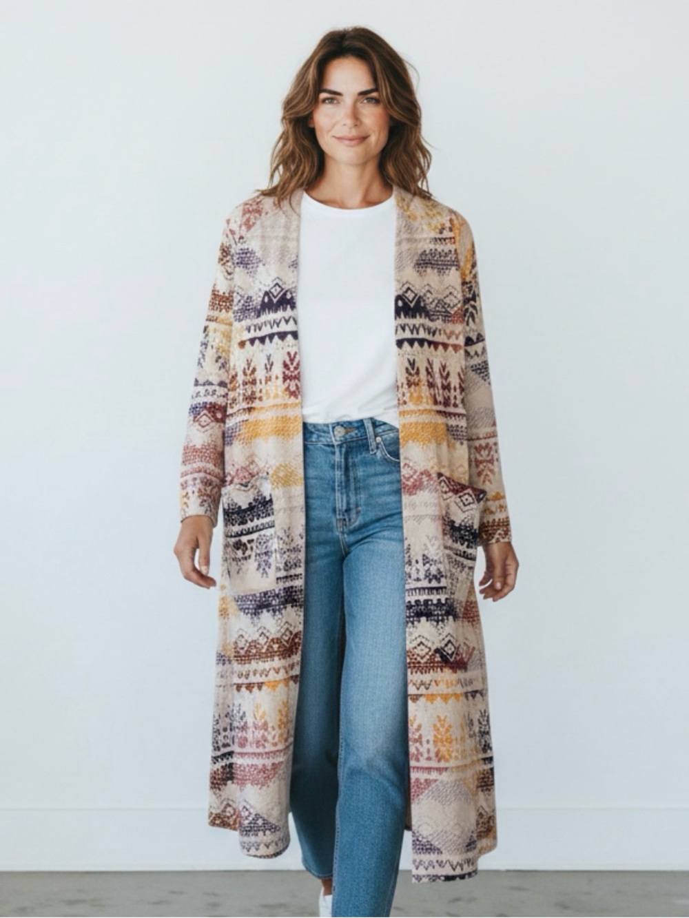 Lularoe Sarah Aztec Open Front Midi Cardigan Knit Duster Sweater S
